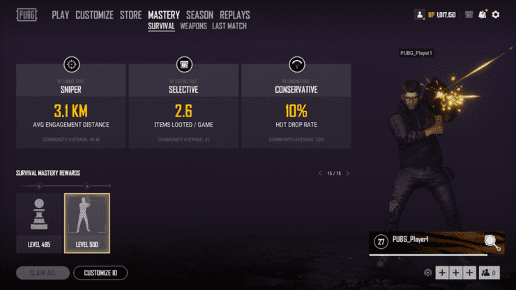 The Survival Screen would have in-depth statistics about your PUBG journey