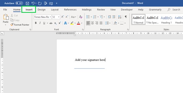how to insert signature in word 15.35