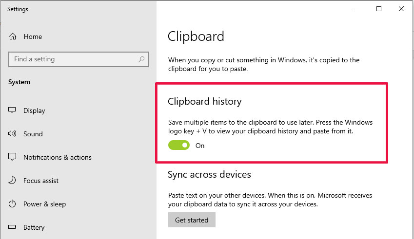On the ‘Clipboard ’ window, locate the ‘Clipboard history’ section